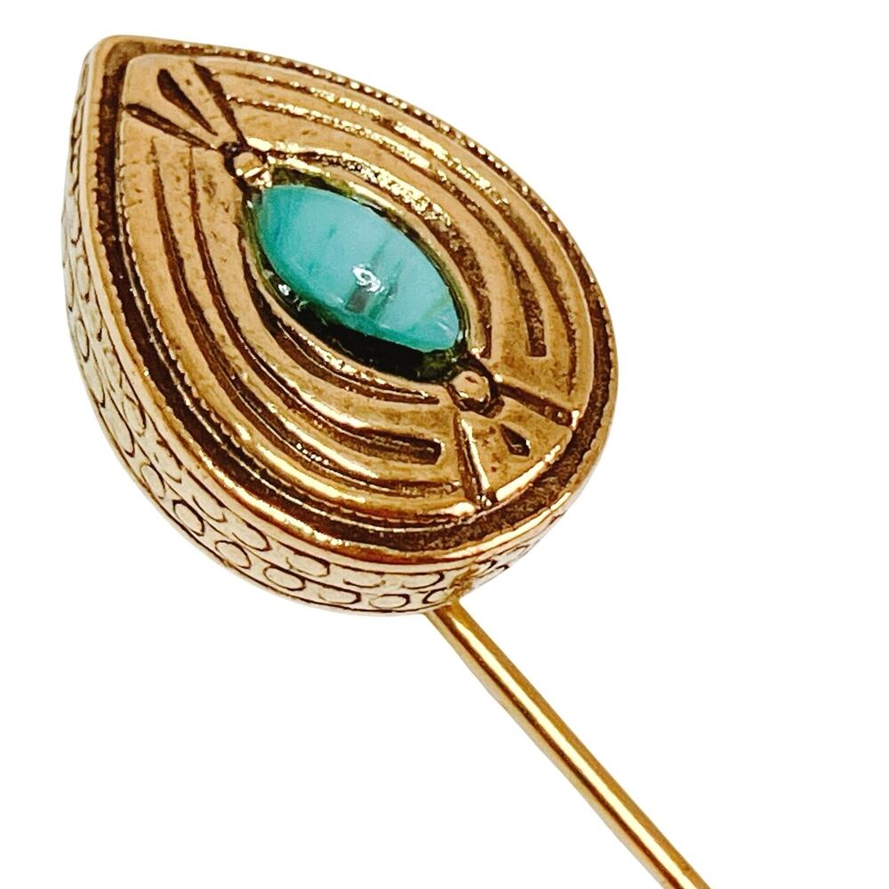 VTG 1970s Gold Tone Stick Pin With Turquoise Glass Cabochon Mid Century Revival